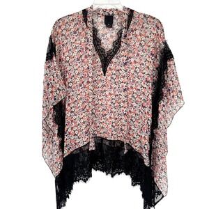 Anna Sui Silk Sheer Floral‎ Lace Trim Poncho Top Tunic Blouse Coral Black Sz M/L